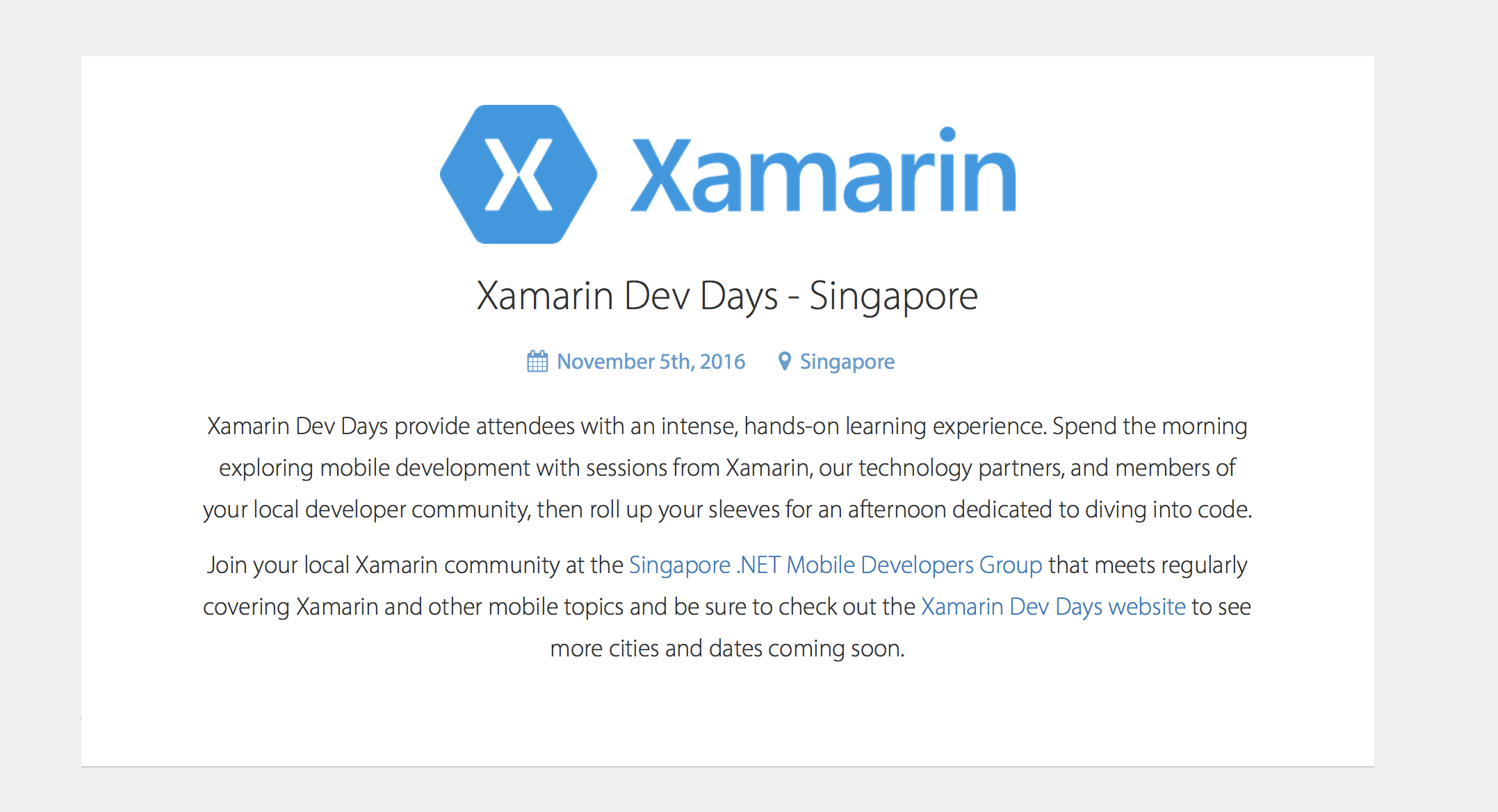 I will be at Xamarin Dev Days Singapore